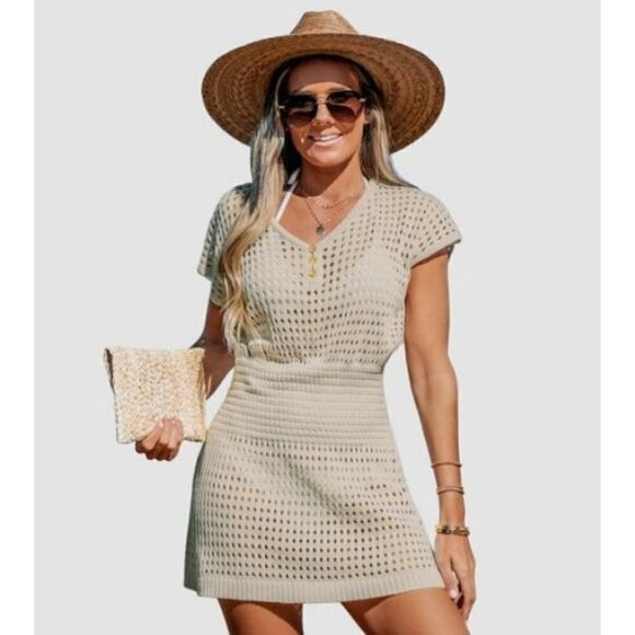 Cupshe Storyteller Beige Cut Out Knit Swim Cover Up Dress M - Picture 1 of 4